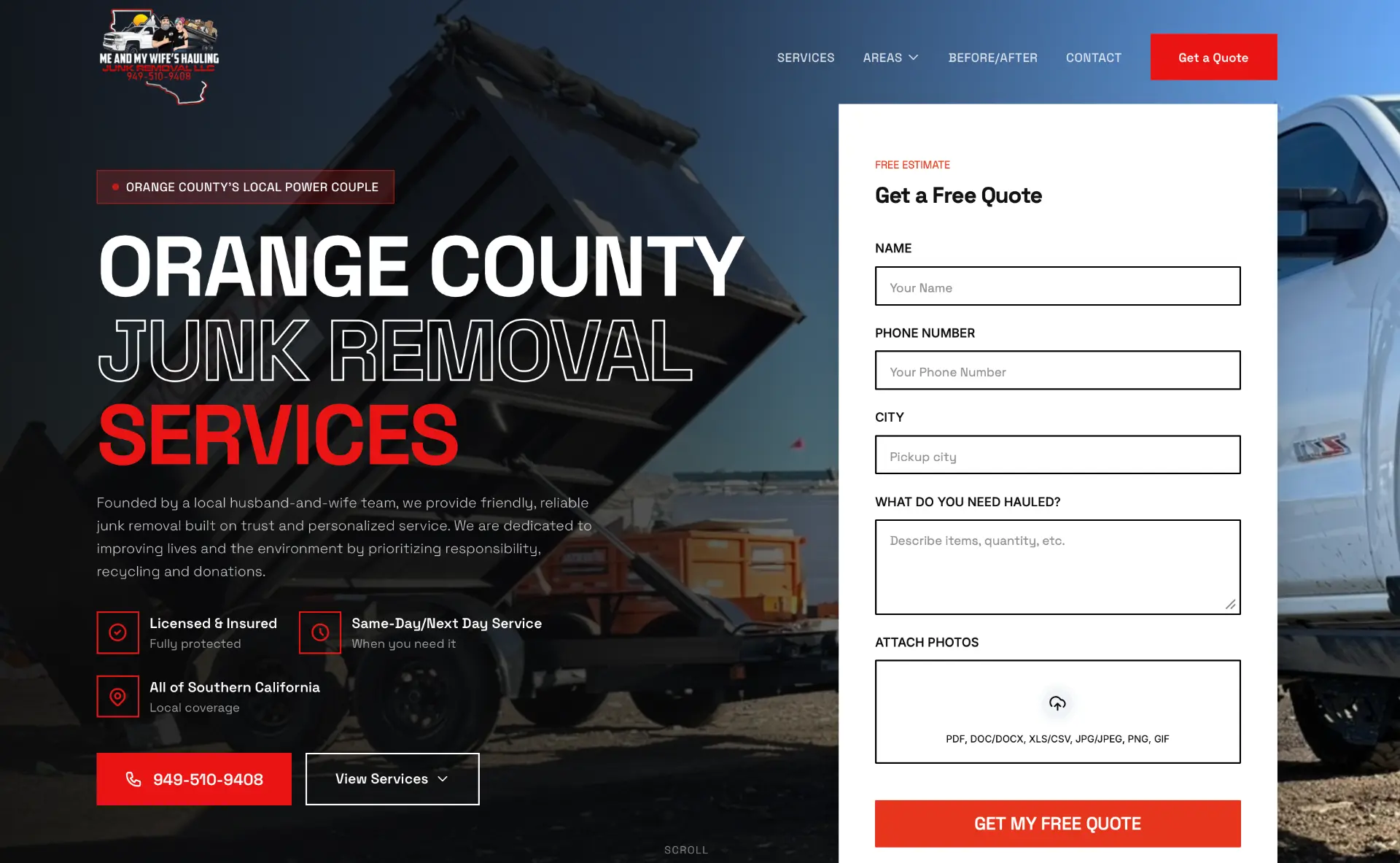Me and My Wife's Hauling Junk Removal website screenshot